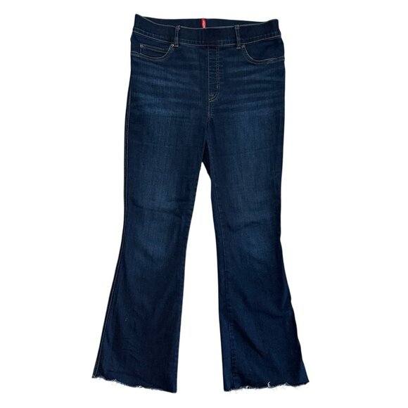 Spanx Kick Flare Jeans Sz Large Pull On High Rise Stretch Dark Wash Raw Hem - Picture 1 of 9